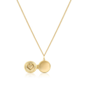 This exquisite necklace from the Timeless Collection, named the "14K Solid Gold Heart & Shell Enamel Custom Photo Locket Medallion Necklace," features a circular pendant with a red heart center and ribbed design. Crafted from hypoallergenic 14K real solid yellow gold, it elegantly hangs from a fine chain, offering multiple chain size options for the perfect fit.