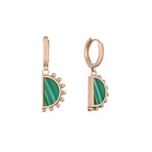 The 14K Solid Gold Malachite Dangle Drop Earrings from the Endless Collection feature gold hoops adorned with green, semi-circular stones and decorative beads along the edge that create an enchanting hexagonal design, all set in luxurious 14k yellow gold against a simple white background.