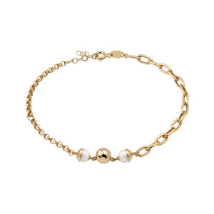 Introducing the "Elegance Collection" 14K Solid Gold Natural Pearl Bracelet. This exquisite piece showcases a chain design accented with two natural pearl-like beads and a centerpiece crafted from 14K solid gold. The lobster claw clasp ensures secure fastening and is hypoallergenic, making it suitable for sensitive skin.