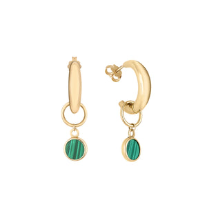 The 14K Solid Gold Malachite Hoop Earrings from the Endless Collection feature a pair of gleaming yellow gold hoops with small green circular pendants. Set against a white backdrop, these hypoallergenic earrings highlight their lustrous finish and sophisticated design.