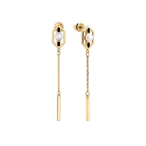 The 14K Solid Gold Emphasis Natural Pearl Dangle Earrings from the Elegance Collection feature genuine pearls set in a hexagonal frame crafted from real solid gold. Each hypoallergenic earring showcases a sleek, modern design with a chain that ends in a rectangular gold bar.