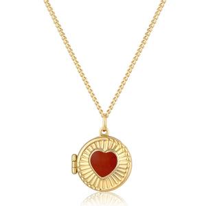 This exquisite necklace from the Timeless Collection, named the "14K Solid Gold Heart & Shell Enamel Custom Photo Locket Medallion Necklace," features a circular pendant with a red heart center and ribbed design. Crafted from hypoallergenic 14K real solid yellow gold, it elegantly hangs from a fine chain, offering multiple chain size options for the perfect fit.