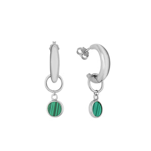 The 14K Solid Gold Malachite Hoop Earrings from the Endless Collection feature a pair of gleaming yellow gold hoops with small green circular pendants. Set against a white backdrop, these hypoallergenic earrings highlight their lustrous finish and sophisticated design.