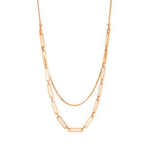 The 14K Solid Gold Double Layer Paperclip Necklace from the Harmony Collection features a contemporary and minimalist style with two layers: one with a delicate chain and the other with elongated rectangular links. Hypoallergenic and offered in various chain sizes, it epitomizes elegance and versatility.