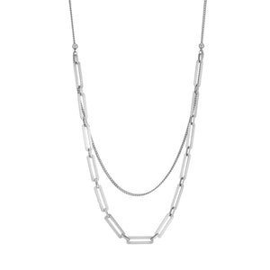 The 14K Solid Gold Double Layer Paperclip Necklace from the Harmony Collection features a contemporary and minimalist style with two layers: one with a delicate chain and the other with elongated rectangular links. Hypoallergenic and offered in various chain sizes, it epitomizes elegance and versatility.