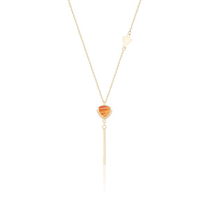 Presenting the 14K Solid Gold Natural Agate / Carnelian Gemstone Necklace from the Achates Collection, this exquisite piece showcases a triangular Carnelian gemstone pendant accented with a vertical bar and a charming heart-shaped detail on its elegant chain, all crafted from genuine solid yellow gold for a contemporary and refined allure.