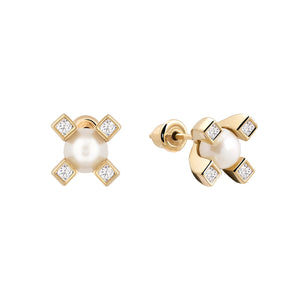 The 14K Solid Gold Theia Diamond Natural Pearl Dot Stud Earrings from the Elegance Collection feature a central pearl encircled by four gold prongs, each embellished with small lab-grown diamonds, creating a cross-like design. Crafted from hypoallergenic 14K real solid gold, one earring is displayed from the front and the other from the back.