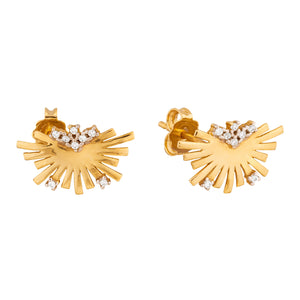 14K Solid Gold Sunburst Stud Earrings from the Helios Collection, featuring a fan-shaped design with radiating spokes and small clusters of hypoallergenic, lab-grown diamonds at the top and bottom.