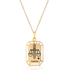 The Justice - 14K Solid Gold Tarot Necklace from the Tarot Collection features a tarot pendant depicting a sword balanced on scales, symbolizing justice. The word "Justice" is elegantly engraved below, surrounded by a geometric cutout design, offering both style and hypoallergenic comfort.