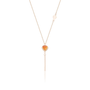 Presenting the 14K Solid Gold Natural Agate / Carnelian Gemstone Necklace from the Achates Collection, this exquisite piece showcases a triangular Carnelian gemstone pendant accented with a vertical bar and a charming heart-shaped detail on its elegant chain, all crafted from genuine solid yellow gold for a contemporary and refined allure.