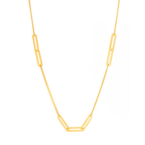 Introducing the 14K Solid Gold Paperclip Station Stacking Necklace from the Harmony Collection: a delicate hypoallergenic gold necklace showcasing a V-shaped center design with elongated rectangular links evenly spaced along the chain. Crafted from 14K real solid yellow gold, it offers multiple chain size options for a simple and elegant aesthetic.