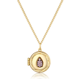 Here's a revised version of the sentence using the provided product data:

The 14K Solid Gold Drop Custom Photo Locket Medallion Necklace from the Timeless Collection features a round pendant with a teardrop design adorned with pink gemstones. Made from hypoallergenic solid yellow gold, it hangs on a simple link chain available in multiple size options.