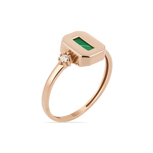 The 14K Solid Gold Natural Malachite & Diamond Ring from the Endless Collection showcases a smooth and polished band, featuring a bezel-set rectangular Natural Malachite gemstone paired with a small Lab-Grown Diamond on one side.