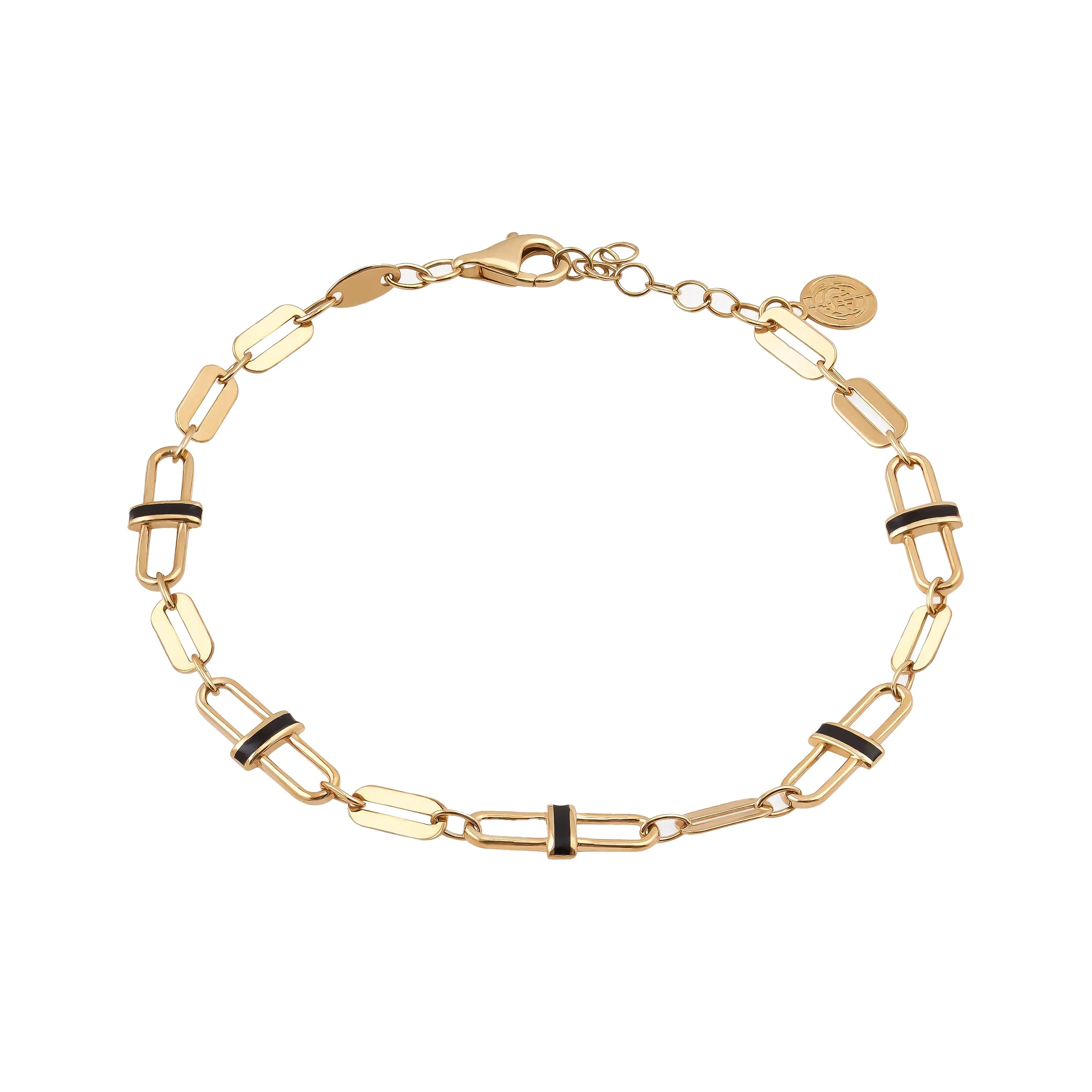 14K Solid Gold Paperclip Chain Black Enamel Moon Eclipse Bracelet - Moonlight Collection