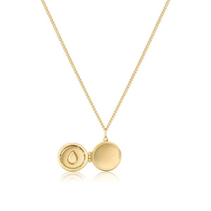 Here's a revised version of the sentence using the provided product data:

The 14K Solid Gold Drop Custom Photo Locket Medallion Necklace from the Timeless Collection features a round pendant with a teardrop design adorned with pink gemstones. Made from hypoallergenic solid yellow gold, it hangs on a simple link chain available in multiple size options.