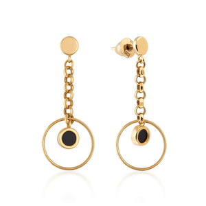 Introducing the Moonlight Collection's 14K Solid Gold Black Enamel Chain Drop Earrings. These elegant earrings feature a chain design with small black enamel circular pendants set in genuine 14K solid gold, each artfully suspended within a larger gold ring. Designed for comfort and security, they are hypoallergenic and come with a post and butterfly clutch back.