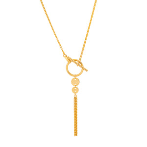 Crafted from hypoallergenic 14K real solid yellow gold, the 14K Solid Gold Geometric Chain Drop Necklace from the Harmony Collection boasts a circular toggle clasp and includes two small discs connected to a ring. This design is completed with a tassel of fine chains, offering an elegant appearance with options for various chain sizes.