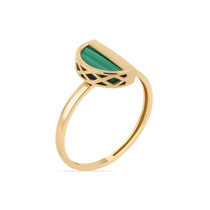 The 14K Solid Gold Unique Malachite Ring from the Endless Collection features a semi-circular natural malachite stone adorned with an intricate lattice design beneath it, all presented elegantly on a white background.