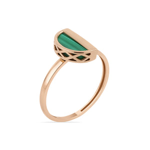 The 14K Solid Gold Unique Malachite Ring from the Endless Collection features a semi-circular natural malachite stone adorned with an intricate lattice design beneath it, all presented elegantly on a white background.