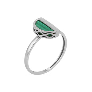 The 14K Solid Gold Unique Malachite Ring from the Endless Collection features a semi-circular natural malachite stone adorned with an intricate lattice design beneath it, all presented elegantly on a white background.