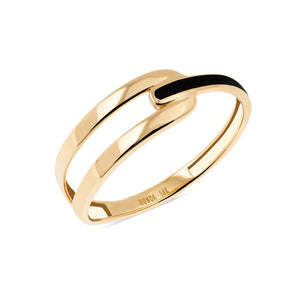 Introducing the 14K Solid Gold The Moon Eclipse Black Enamel Ring from the Moonlight Collection, featuring two elegant parallel bands joined by a subtle overlapping section. Crafted from 14K solid gold, the interior of the ring is beautifully engraved with text. Its polished, reflective finish sparkles against a white background, highlighting its exquisite handcrafting.