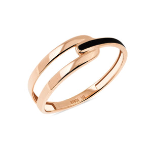 Introducing the 14K Solid Gold The Moon Eclipse Black Enamel Ring from the Moonlight Collection, featuring two elegant parallel bands joined by a subtle overlapping section. Crafted from 14K solid gold, the interior of the ring is beautifully engraved with text. Its polished, reflective finish sparkles against a white background, highlighting its exquisite handcrafting.