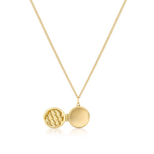 The 14K Solid Gold Custom Photo Locket Medallion Necklace from the Timeless Collection is crafted in hypoallergenic 14K real solid yellow gold and showcases an elegant textured, diamond-patterned design, beautifully suspended from a matching chain against a plain white background.