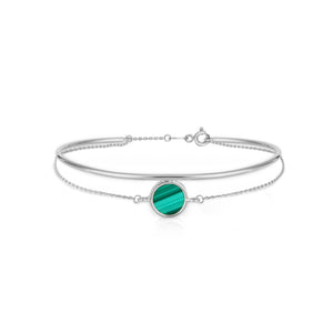 Introducing the 14K Solid Gold Unique Malachite Gemstone Bangle Bracelet from the Endless Collection, this elegant piece features a central natural malachite gemstone. Two delicate hypoallergenic gold chains seamlessly connect to the stone, offering a graceful look, secured with a clasp fastening.