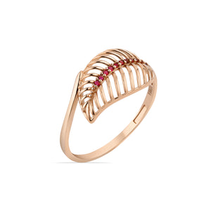 The 14K Solid Gold The Leaf Gold Ring from the Chloris Collection features a graceful leaf-like motif adorned with lab-grown rubies in the center. Its sleek band enhances the intricate detailing, crafted using sustainable methods.