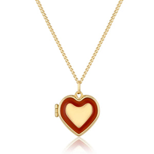 Introducing the 14K Solid Gold Heart Shaped Enamel Custom Photo Locket Medallion Necklace from the Timeless Collection. This elegant piece features a heart-shaped locket crafted from authentic 14K solid yellow gold, adorned with a glossy red enamel exterior and delicate gold outline. Available in multiple chain sizes for a perfect fit, the pendant is gracefully centered, enhancing its symmetrical appeal.