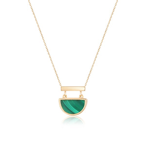 The 14K Solid Gold Genuine Natural Malachite Necklace from the Endless Collection features a hypoallergenic design with a semi-circular green malachite pendant, complemented by a gold bar at the top, all crafted from 14K real solid yellow gold. The natural malachite gemstone is suspended from a delicate chain and showcases its signature swirling patterns.