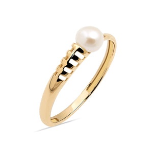 Explore the 14K Solid Gold Natural Pearl Ring from the Elegance Collection, featuring a natural real pearl gracefully set atop a uniquely designed band with small rectangular cutouts.