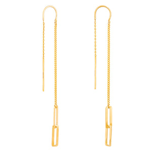 The 14K Real Yellow Gold Threader Earrings from the Harmony Collection showcase delicate rectangular link pendants draping elegantly from slender chains. Designed with real 14K yellow gold hooks for easy wear, these earrings add a sophisticated and modern flair to any ensemble.