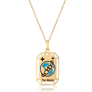 This elegant necklace from the Tarot Collection, named "The World," showcases a 14K solid gold pendant featuring an Earth illustration on a rectangular frame. The words "The World" are inscribed beneath, reminiscent of a tarot pendant. Both hypoallergenic and delicate, the pendant gracefully hangs from its chain.