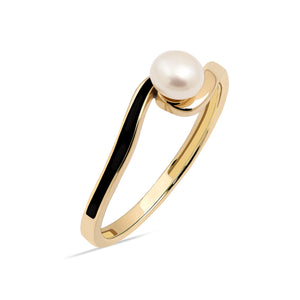 The 14K Solid Gold Natural Pearl Ring from the Elegance Collection boasts a natural pearl set against a white backdrop, enhanced by a modern and elegant design featuring a black accent along the band, all crafted with sustainable methods.