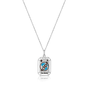 This elegant necklace from the Tarot Collection, named "The World," showcases a 14K solid gold pendant featuring an Earth illustration on a rectangular frame. The words "The World" are inscribed beneath, reminiscent of a tarot pendant. Both hypoallergenic and delicate, the pendant gracefully hangs from its chain.