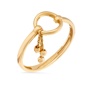 This exquisite piece from the Harmony Collection, named the 14K Solid Gold Unique Chain Drop Ring, showcases an artfully crafted circular design with two interconnected loops. Hanging from one of the loops are two delicate gold chains, each highlighted by a round bead, elegantly captured against a plain white background.