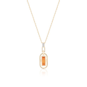 Achates Collection's 14K solid gold necklace showcases a modern and elegant design, featuring a distinctive pendant with both oval and rectangular elements, vibrant orange details, and a small rectangular agate gemstone.