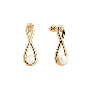 The 14K Solid Gold Eternal Love Natural Pearl Earrings from the Elegance Collection feature an infinity shape with a pearl nestled at the bottom of each loop. Crafted using sustainable methods, these earrings are hypoallergenic, making them perfect for sensitive skin, and they gleam beautifully against a plain white background.