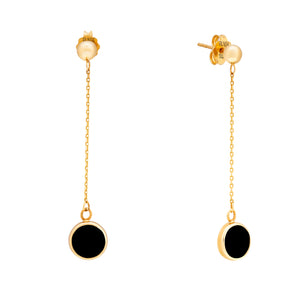 Introducing the 14K Solid Gold Full Moon Chain Drop Black Enamel Earrings from the Moonlight Collection. These earrings showcase thin chains and round black pendants, meticulously handcrafted by Runda. Hypoallergenic and perfect for sensitive skin, they are designed to infuse any ensemble with elegance.