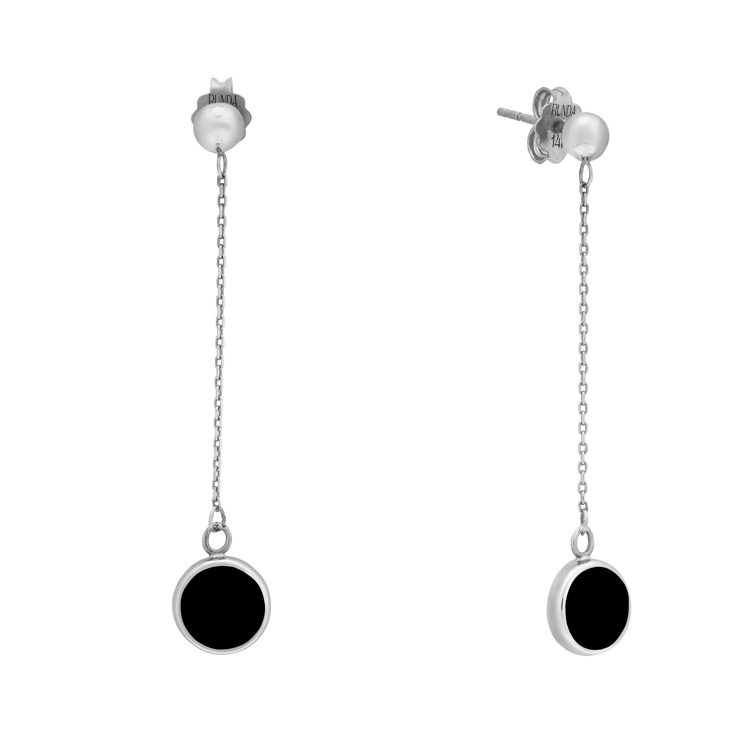 Pendientes colgantes de oro macizo de 14 quilates con cadena de luna llena y esmalte negro - Colección Moonlight