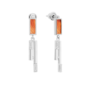 A pair of earrings from the Achates Collection made of 14K solid gold, showcasing rectangular orange agate or carnelian gemstones at the top, accented with hexagonal gold designs and small rectangular clear gemstones below.