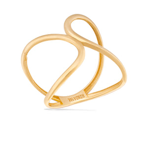 Introducing the 14K Solid Gold Nature's Reflection Unique Statement Ring from the Harmony Collection—a meticulously handcrafted minimalist gold ring showcasing a geometric design with fluid, overlapping curves. Engraved inside with "RONDI" and "14K," this piece is elegantly modern against a white background.