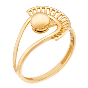 The 14K Gold Sun Ring by RundaJewelryUs features a contemporary abstract design with a central spherical element and a lattice-like semi-circle on a sleek, thin band. This hypoallergenic piece combines comfort with elegance.