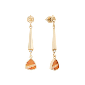 Introducing the 14K Solid Gold Natural Agate/Carnelian Earrings from the Achates Collection. These elegant gold drop earrings showcase elongated tapered stems adorned with triangular carnelian gemstone pendants. Each stem is enhanced with a petite diamond accent near the top, forming a sophisticated and stylish hexagonal design that embodies understated luxury.