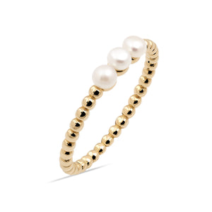 The 14K Solid Gold Bubble Natural Pearl Ring from the Elegance Collection features two rows of small, round beads topped with three larger, natural pearls. Its elegantly modern design showcases Runda's exquisite craftsmanship and is artfully displayed against a plain white background.