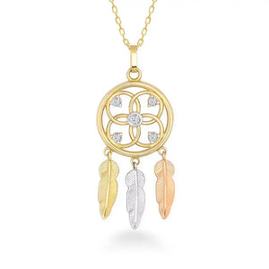 Introducing the 14K Gold Dreamcatcher Necklace by RundaJewelryUs, crafted from real 14K gold and featuring a beautiful flower design adorned with small gems. Three feather-shaped charms in gold, silver, and bronze dangle elegantly beneath. This hypoallergenic piece is ideal for those with sensitive skin.