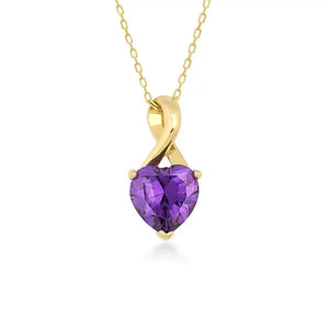 The 14K Solid Gold Amethyst Heart Pendant Necklace features a heart-shaped amethyst elegantly set in a sophisticated twist design, suspended from a delicate gold chain.