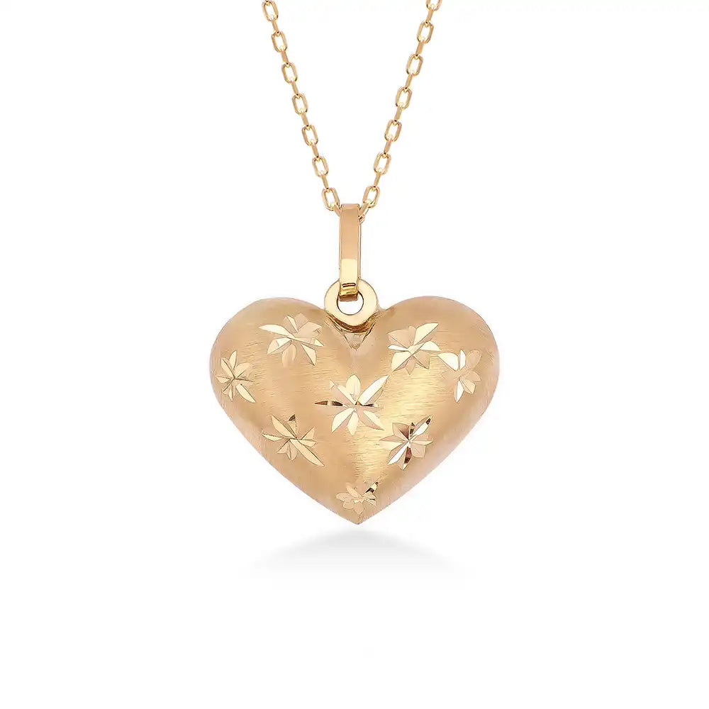 14K Gold 3D Puffy Heart Necklace with Stars