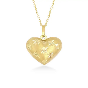 The 14K Gold 3D Puffy Heart Necklace with Stars from Runda Jewelry features a stunning heart design adorned with stars, elegantly hanging from a delicate chain, making it the perfect gift for her.